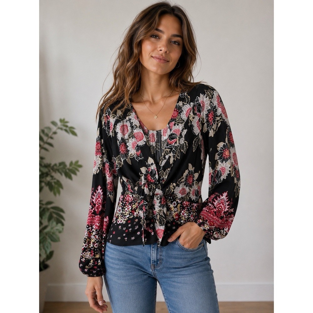 Free People Blouse Womans M Run Free Satin Tie Waist‎ Tunic Black Combo Boho